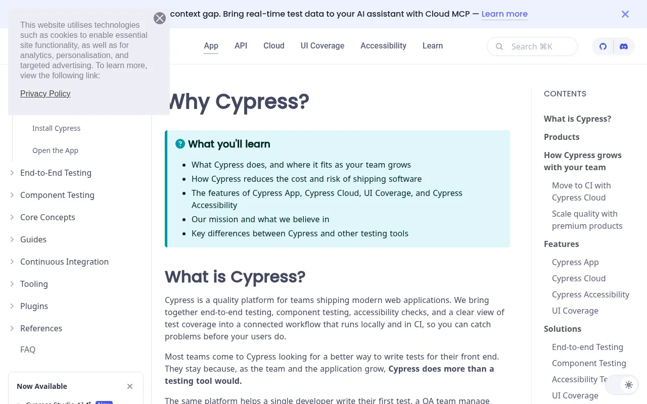Cypress code editor — example syntax and code structure