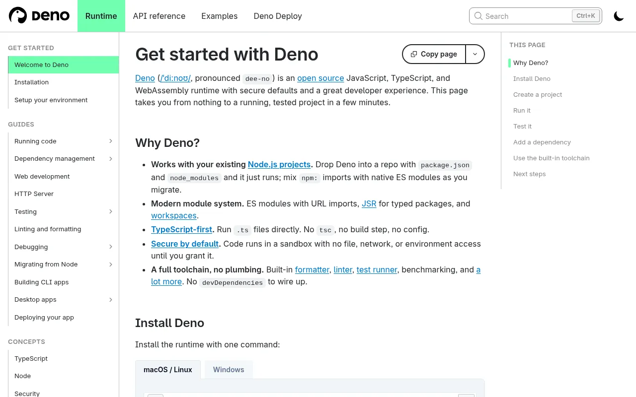Deno code editor — example syntax and code structure