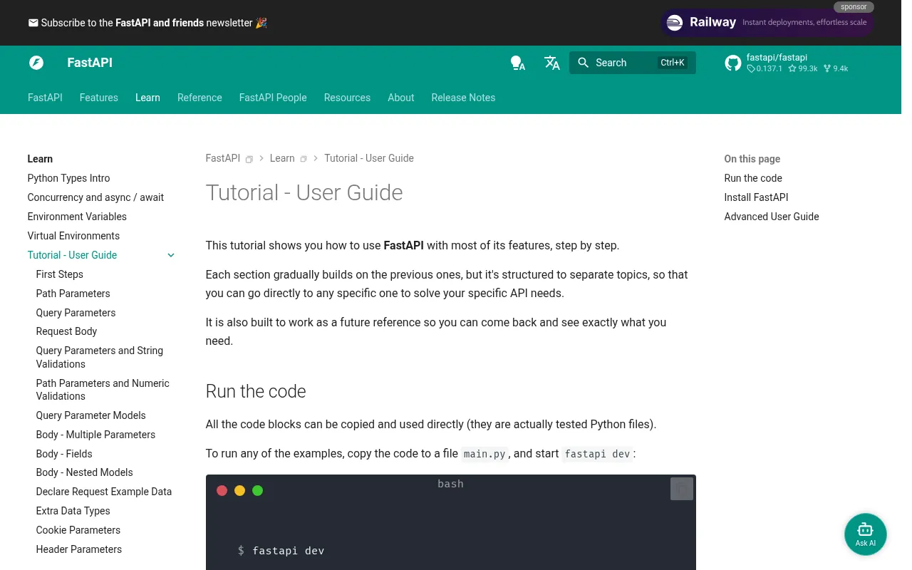 FastAPI code editor — example syntax and code structure