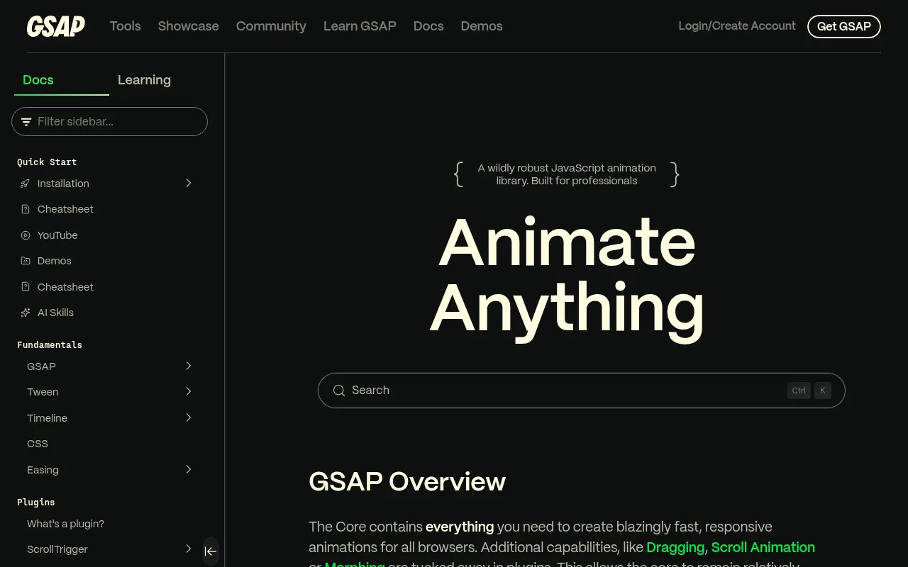 GSAP code editor — example syntax and code structure