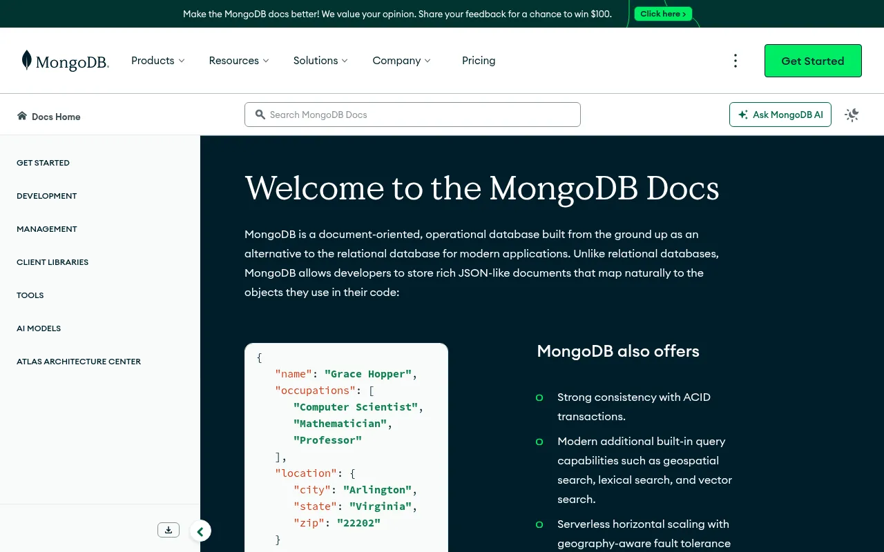 MongoDB code editor — example syntax and code structure