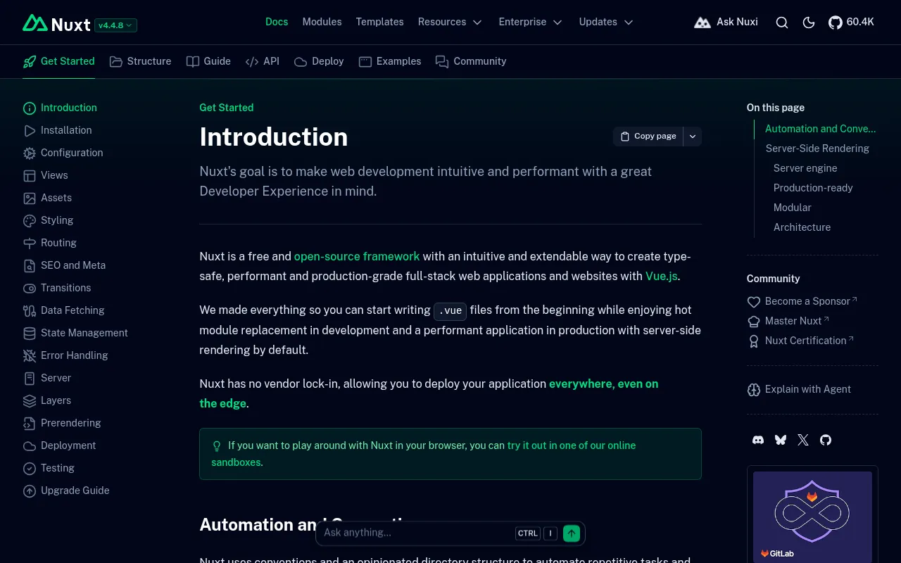 Nuxt.js code editor — example syntax and code structure