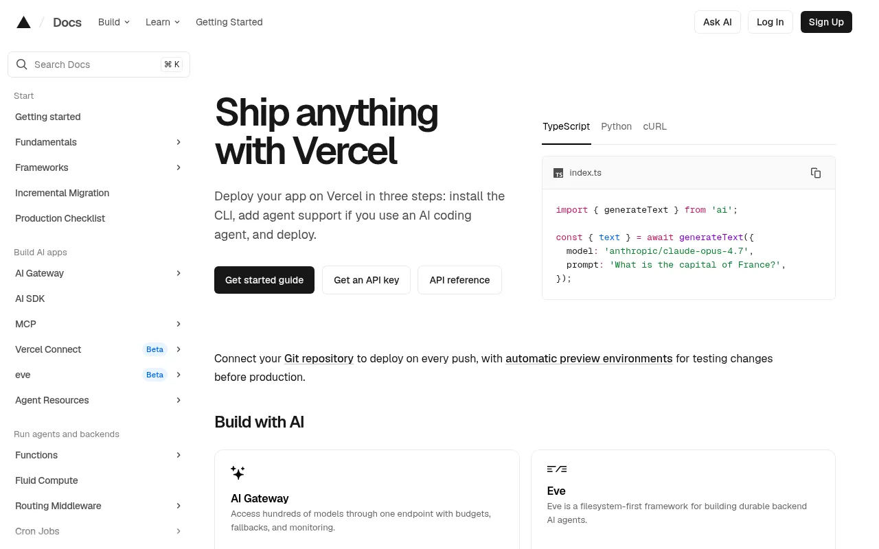 Vercel code editor — example syntax and code structure