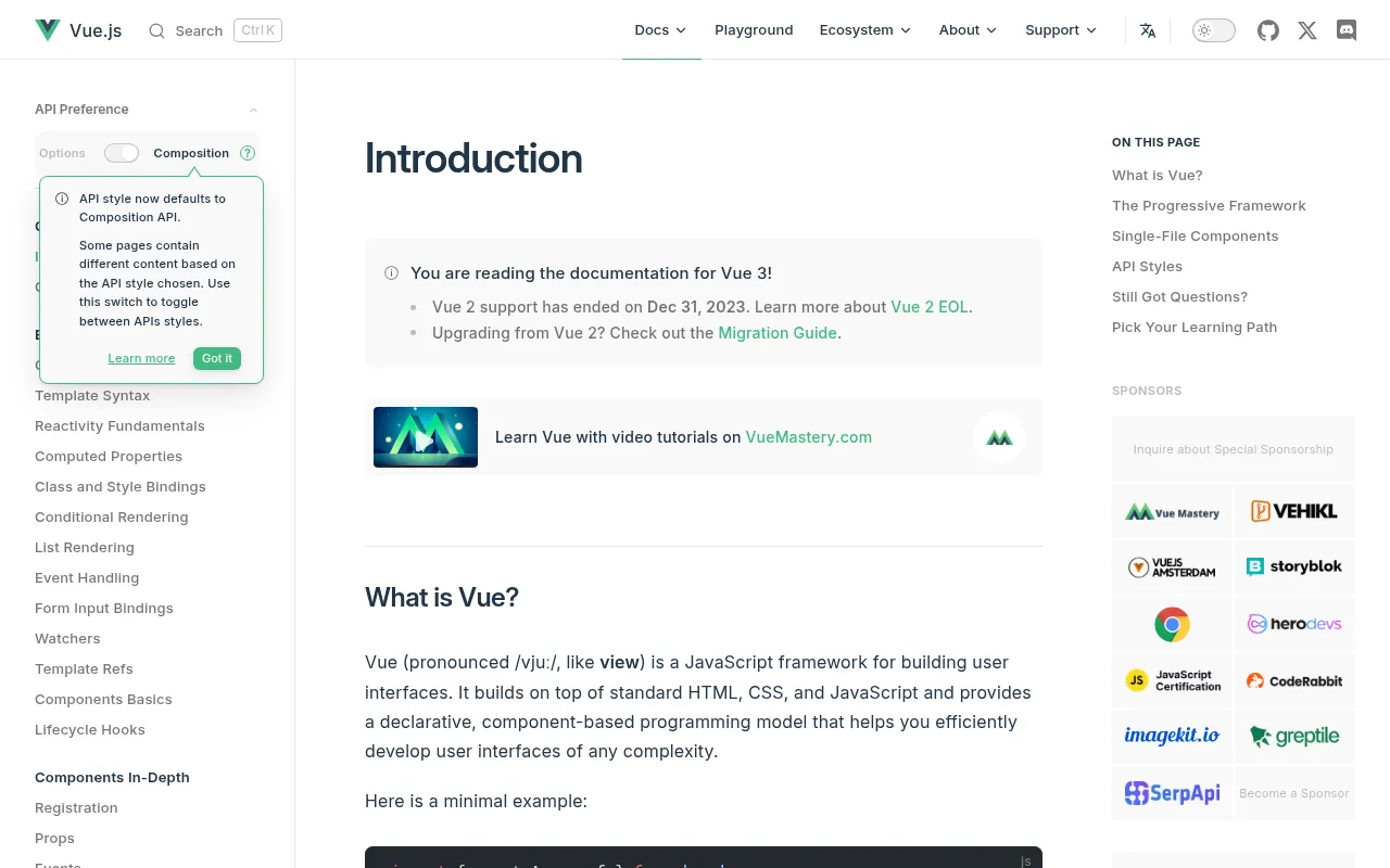 Vue.js code editor — example syntax and code structure