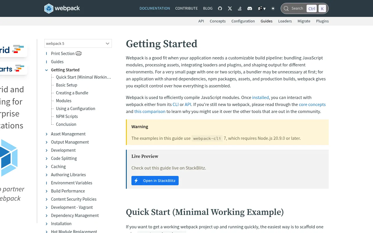 Webpack code editor — example syntax and code structure
